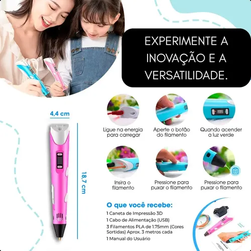 Caneta 3d Impressora Profissional + Refil +cabo Usb Infantil